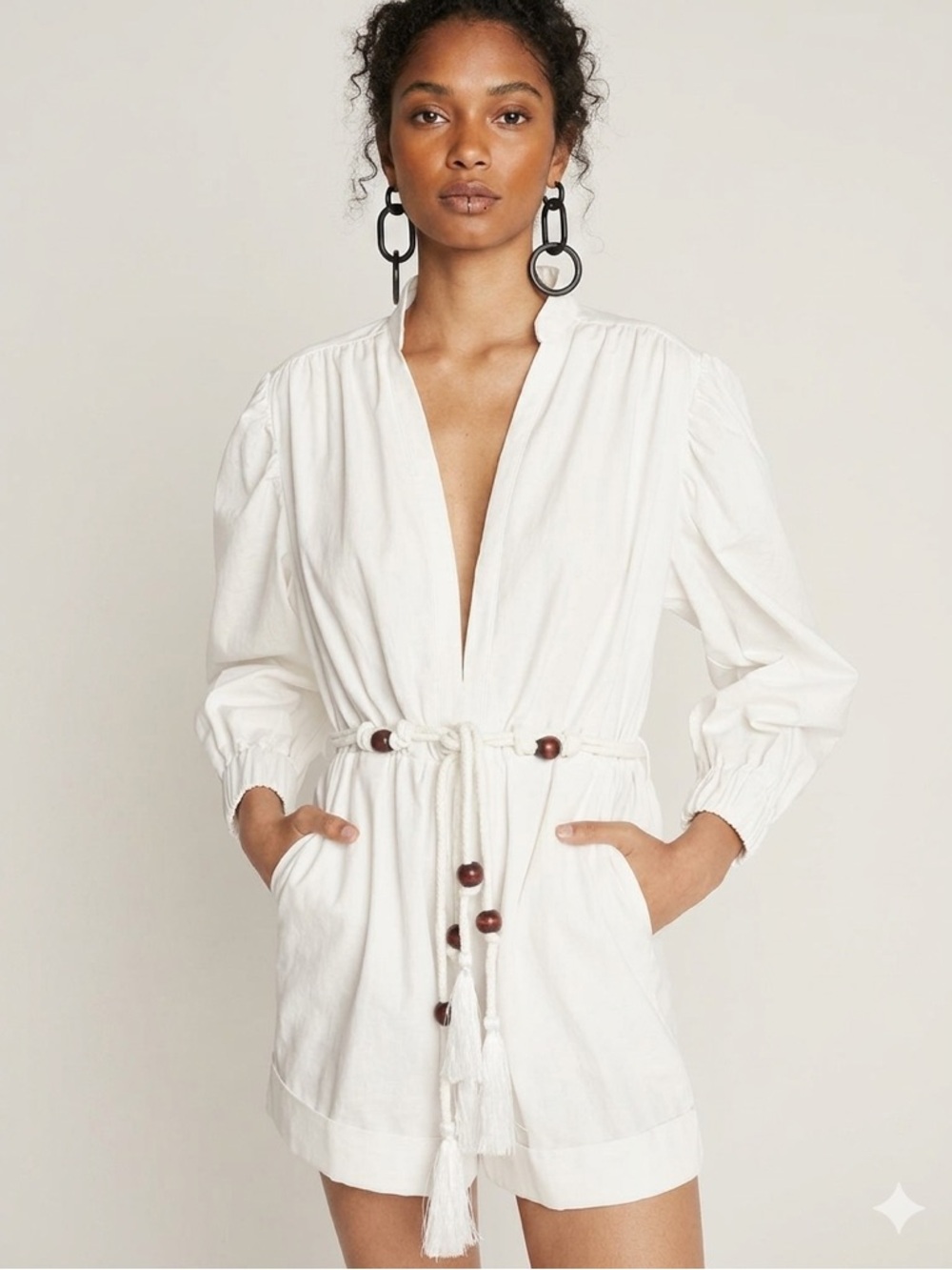 White Drawstring Romper with Tassel Beads XS